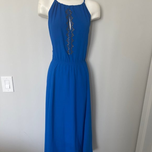 Red Saks 5th Avenue Beautiful Royal blue with gold beads maxi halter dress - Picture 2 of 9